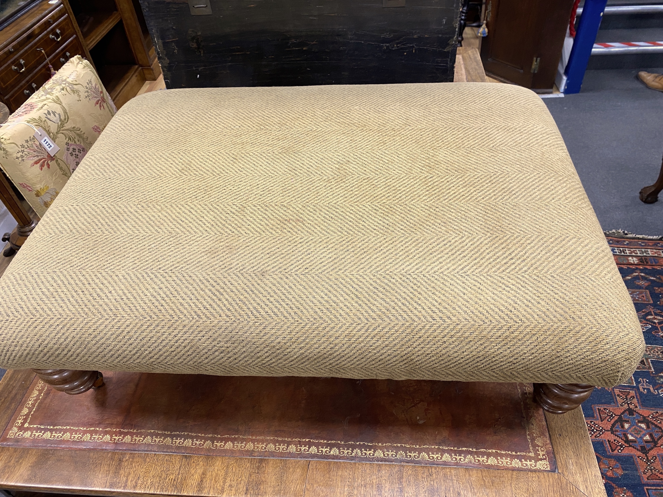 A large modern Victorian style upholstered rectangular footstool, width 80cm, depth 104cm, height 33cm